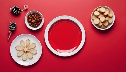 Obraz na płótnie Canvas empty white plate with rims on red background for new year snacks, flat lay, christmas family dinner concept