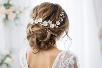 eine Braut von hinten, die einen eleganten Hochzeitsfrisur mit eingearbeiteten Haaraccessoires trägt. Ihr Haar ist zu kunstvollen Locken aufgesteckt - obrazy, fototapety, plakaty