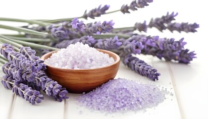 Obraz na płótnie Canvas Spa still life with lavender flowers and bath salt, on white background