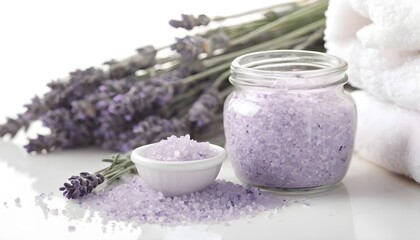 Obraz na płótnie Canvas Spa still life with lavender flowers and bath salt, on white background