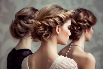 3 Frauen von hinten, die einen eleganten Hochzeitsfrisur mit eingearbeiteten Haaraccessoires trägt. Ihr Haar ist zu kunstvollen Locken aufgesteckt - obrazy, fototapety, plakaty