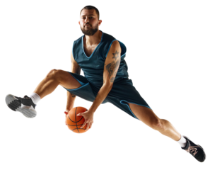 Full length portrait of athletic man, professional basketball player actively training before match against transparent background. Concept of sport, hobby, active lifestyle, power and strength.
