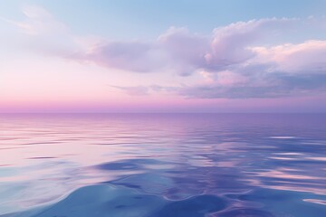 Naklejka na ściany i meble A serene seascape at dawn, featuring a gradient sky transitioning from deep blue to soft lavender, reflecting on calm waters.