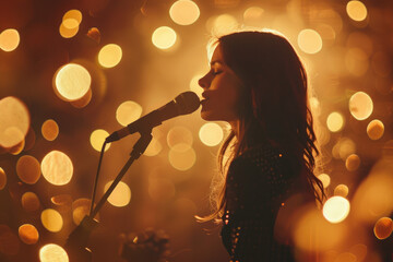 Beautiful female singer sings on stage in golden bokeh lights