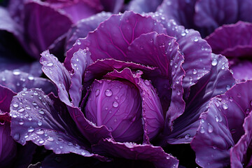 Obraz premium Red cabbage with water drops close-up in the field
