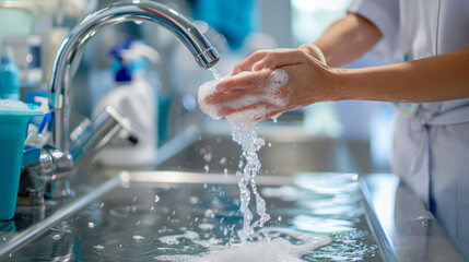 A healthcare worker showcases proper handwashing techniques in a clear, educational setting, emphasizing the importance of hygiene for public health.