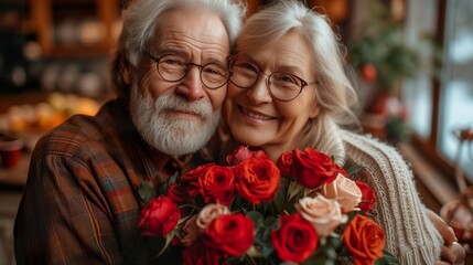 Happy old man and woman being romantic in Valentines day