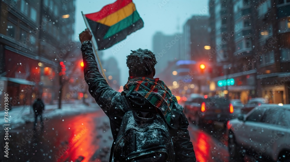 Wall mural Back view shot of man with black history month flag on shoulder by raising fist hand - concept of freedom