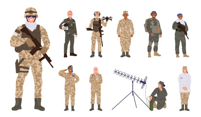 Man and woman military people full body cartoon characters big set wearing camouflage uniform