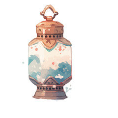 Ramadan Kareem Lantern Celebration: Vibrant Mosque Night with Arabic Lanterns and Islamic Oriental Garland - PNG Illustration for Muslim Holiday Design.