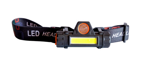 LED headlamp or head torch LED flashlight on white background.