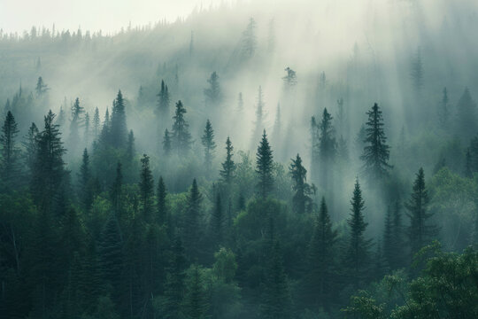 Healthy green trees in a forest of old spruce, fir and pine trees in wilderness of a national park. © Hunman