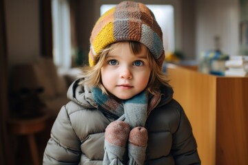 Portrait of a cute little girl wearing a warm winter hat and scarf