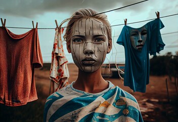 Face patterned clothes on clothesline. Generative AI
