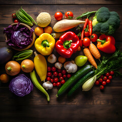 Fototapeta na wymiar Bird's Eye Feast: Fresh Fruits and Vegetables in a Radiant Flatlay Display.