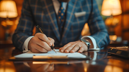 A man in a suit sits at a desk, signing a document with a fountain pen. The background is blur luxury office