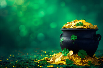 St patricks day banner. Border with magic pot with gold coins on green background with copy space. St. Patrick's day concept. Leprechaun Irish holiday symbol. Templates for celebration, ads, greeting 