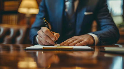 A man in a suit sits at a desk, signing a document with a fountain pen. The background is blur luxury office