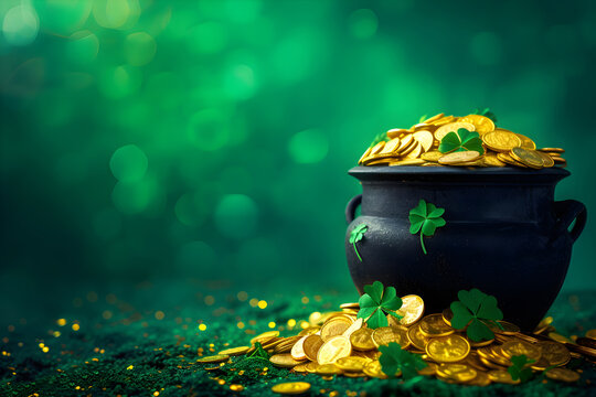 St Patricks Day Banner. Border With Magic Pot With Gold Coins On Green Background With Copy Space. St. Patrick's Day Concept. Leprechaun Irish Holiday Symbol. Templates For Celebration, Ads, Greeting 