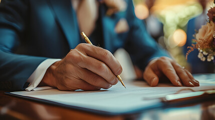 A man in a suit sits at a desk, signing a document with a fountain pen. The background is blur luxury office - obrazy, fototapety, plakaty