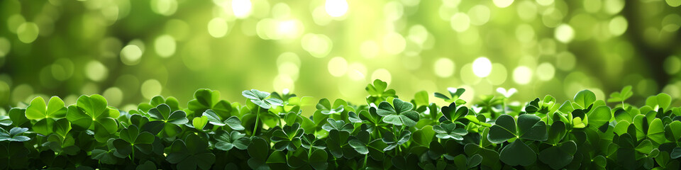St patricks day banner. Border with lucky clover leaves on green background with copy space. St. Patrick's day concept. Shamrocks Irish holiday symbol. Templates for celebration, ads, greeting card