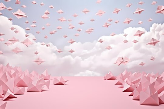 Whimsical paper airplanes soaring gracefully above a baby pink expanse, evoking a sense of freedom and imagination.