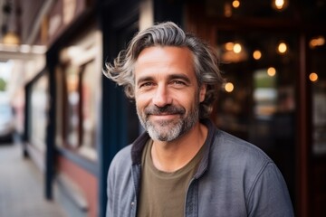 Portrait of a handsome middle-aged man smiling in the city - Powered by Adobe