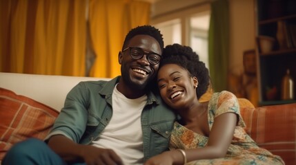 Cheerful african marriage having fun during free time at home sitting on cozy couch in living room, generate AI