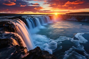 beautiful landscape with rainbow, waterfall and sky . ai generated