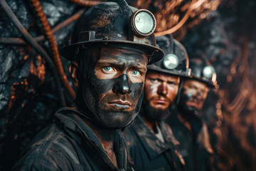 multiracial miners in safety helmets in a mine extract minerals coal