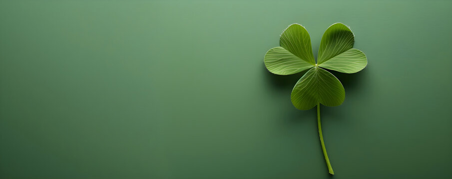 Banner with lucky shamrock leaves on green background with copy space. Banner for St. Patrick's day concept. Four-leaf clover symbol of Irish holiday. Templates for celebration, ads, card, flyer