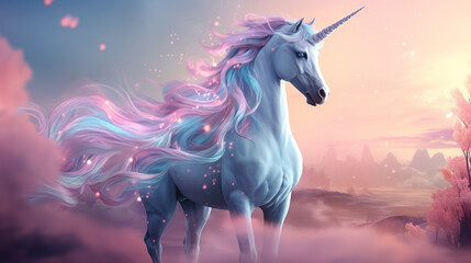 Fantasy Illustration of a wild unicorn Horse. Digit