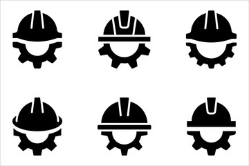 Construction helmet on the gear icons set. Construction, labor and engineering symbols. vector illustration on white background - obrazy, fototapety, plakaty