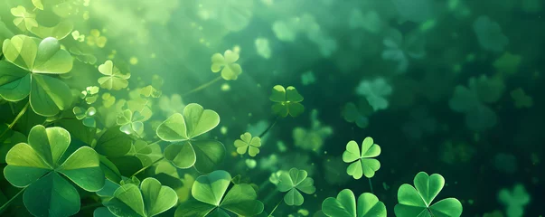 Foto op Plexiglas St patricks day banner. Frame with lucky clover leaves on green background with copy space. St. Patrick's day concept. Shamrocks Irish holiday symbol. Templates for celebration, ads, greeting card © Irina