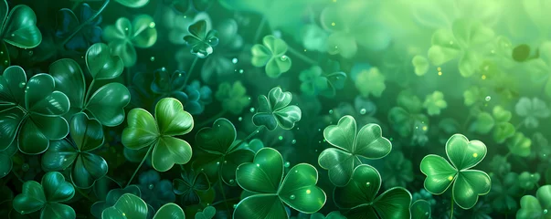 Foto op Plexiglas St patricks day banner. Frame with lucky clover leaves on green background with copy space. St. Patrick's day concept. Shamrocks Irish holiday symbol. Templates for celebration, ads, greeting card © Irina