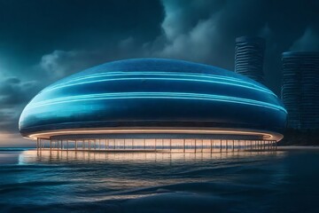 Generative AI illustration of futuristic oval shaped sleek modern floating building over sandy beach with water against dark cloudy sky