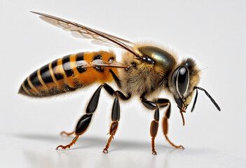 Close-up of honey bee on white background.