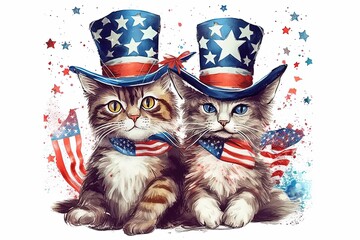 Two Patriotic Cats Wearing American Hats, Digital Rendering, USA, 4th of July - obrazy, fototapety, plakaty