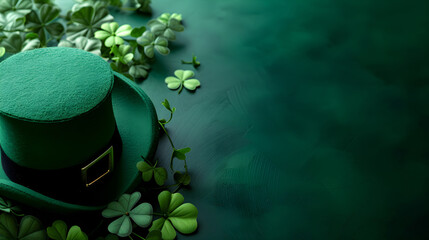 St patricks day banner. Irish top hat with lucky clover leaves on green background with copy space. St. Patrick's day flat lay concept. Leprechaun Irish holiday symbol. Templates for ads greeting card
