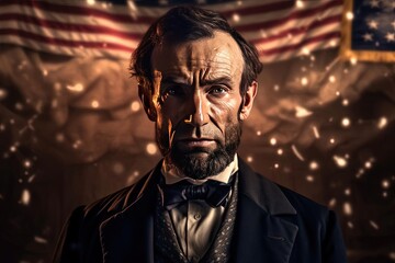 Epic Close-Up Portrait of Abraham Lincoln in Suit and Tie with American Flag Background
