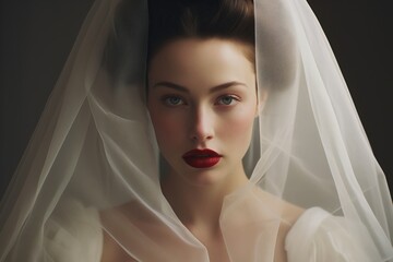 Braut in Nahaufnahme, die einen Schleier und ein Hochzeitskleid trägt. Sie hat markante rote Lippen und eine elegante Frisur - obrazy, fototapety, plakaty