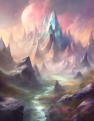 A utopian fantasy mountain range with sharp rocks on an alien planet