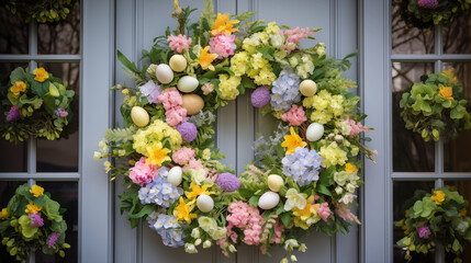 Easter wreath with eggs and flowers in front of a door
