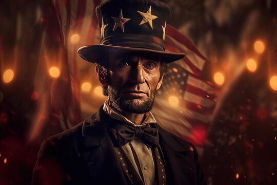 Historic Portrait of Abraham Lincoln in Top Hat Standing in Front of American Flag