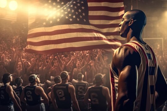 Painting of Masculine NBA Player in Front of American Flag - Athletic Patriot