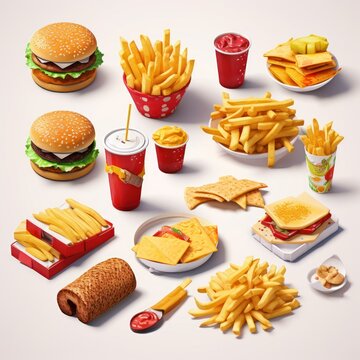 Fast food 3D cartoon illustration: French fries, burger.