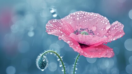 Close-up of beautiful single red poppy flower with raindrops. Digital art in watercolor style. Illustration for cover, interior design, decor, packaging, invitations, print.