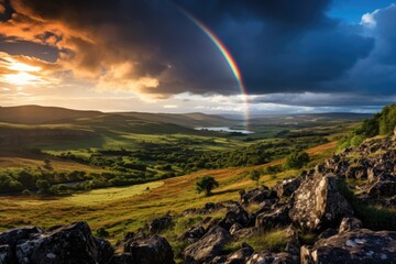 beautiful landscape with rainbow, grass and sky . ai generated