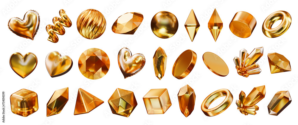 Poster Gold Object geometry shape set isolated background 3d rendering