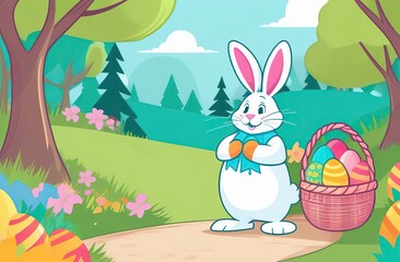 an Easter bunny hugs another Easter bunny on a path in a park, next to a wicker basket with colored eggs, trees in the background